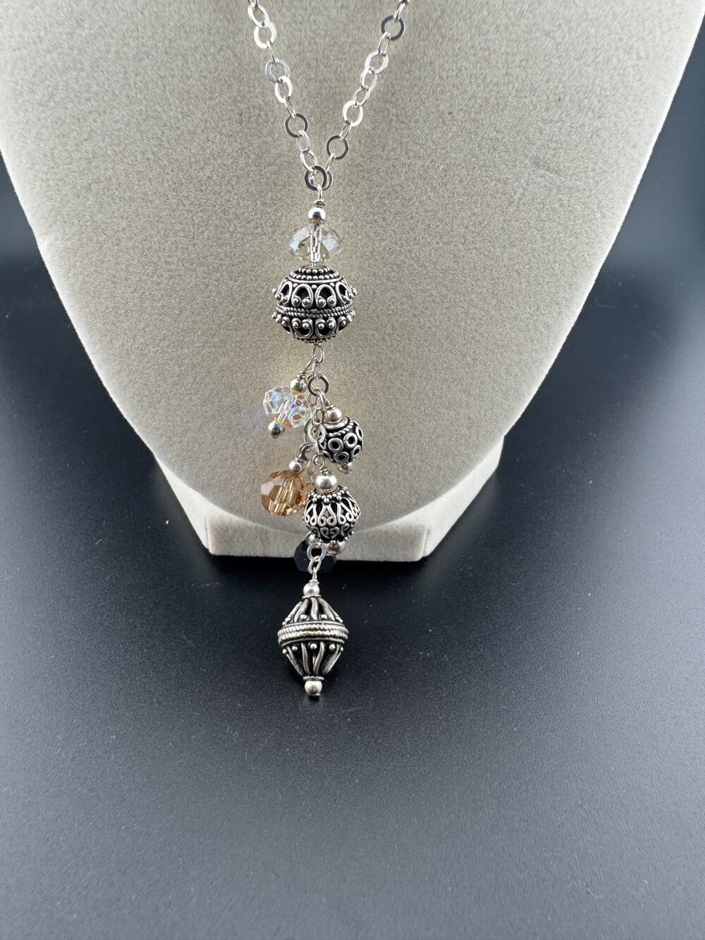 Sterling Silver Bali Bead Crystal Lariat Necklace, 925